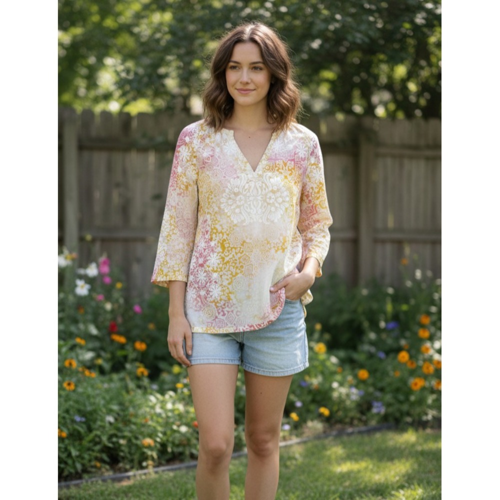 Robert‎ Graham Tunic Top Womens Large Multicolor Cotton Floral Print Notch Neck